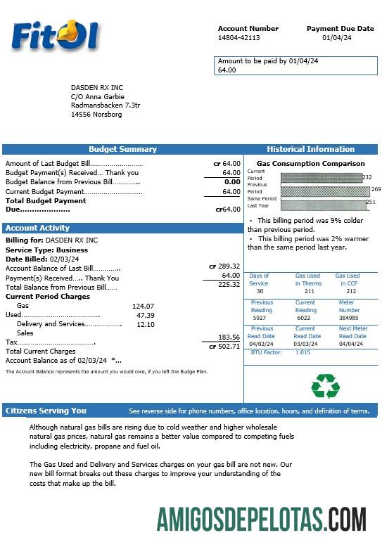 Para baixar modelo de conta de serviços públicos de gás Fitol da Suécia em formatos Word e PDF
